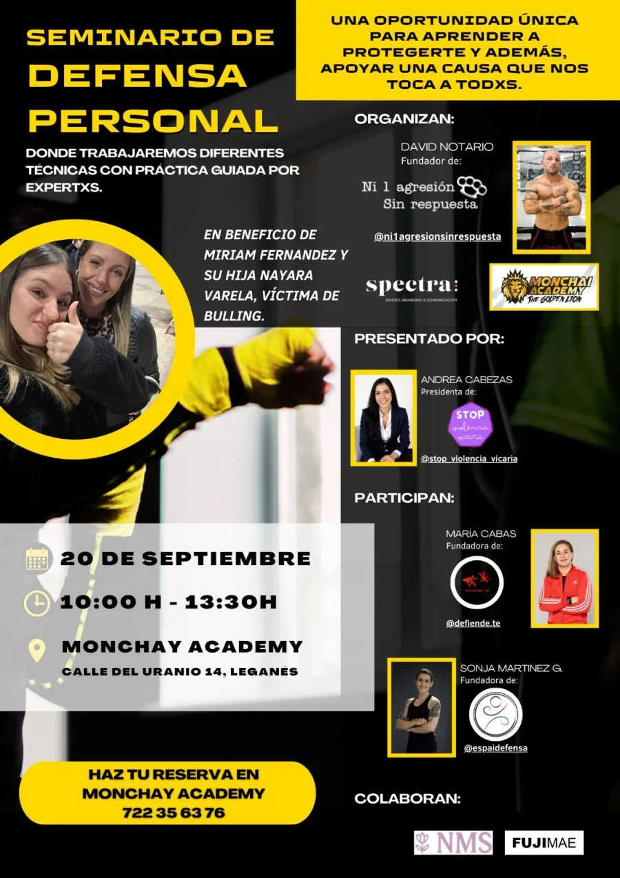 Cartel del seminario de defensa personal organizado por Ni 1 Agresión Sin Respuesta y Monchay Academy en Leganés, presentado por Andrea Cabezas