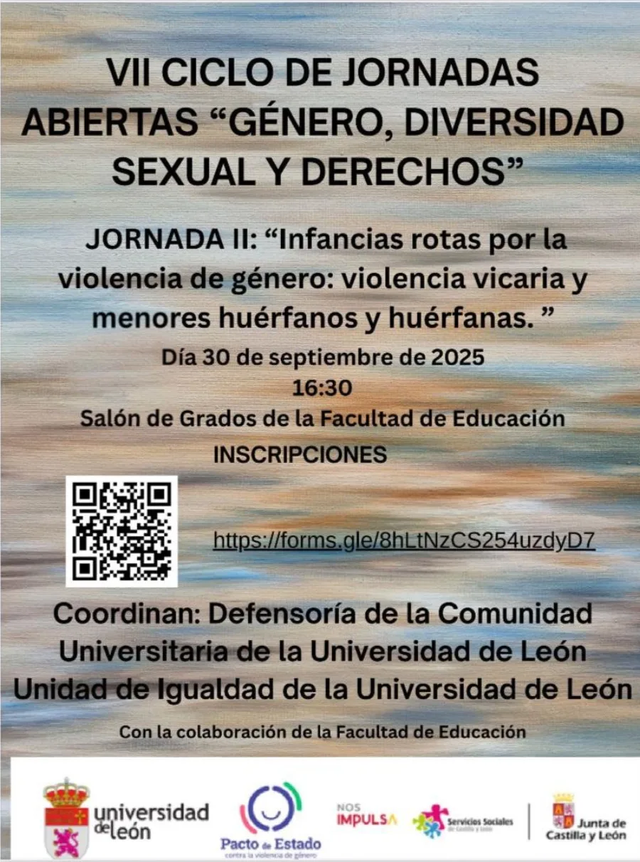 Cartel de la jornada «Infancias rotas por la violencia de género» del VII Ciclo de Jornadas Abiertas de la Universidad de León