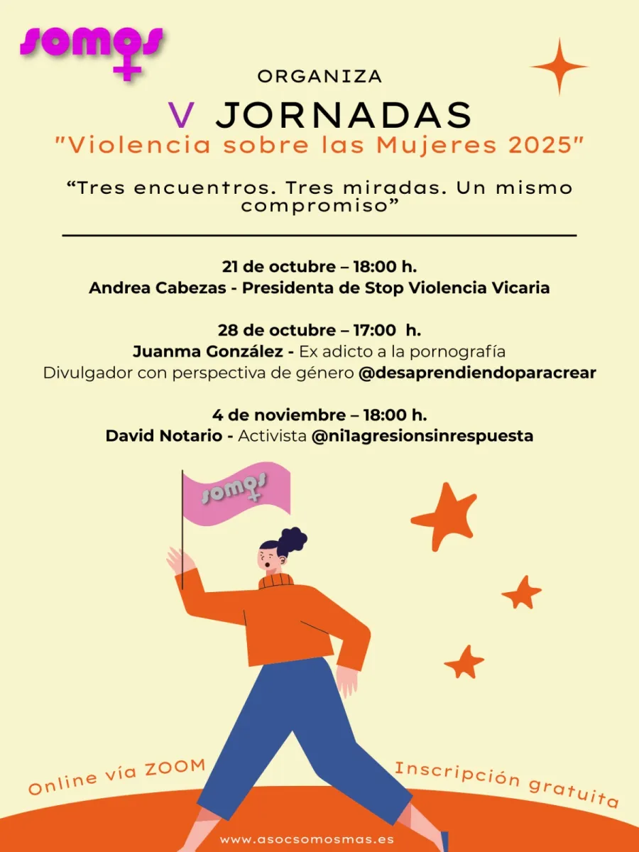 Cartel de las V Jornadas «Violencia sobre las Mujeres 2025» organizadas por la Asociación Somos+