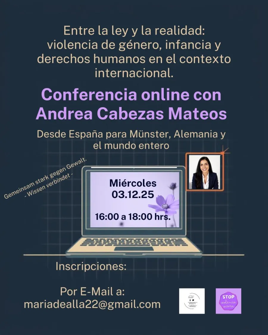 Cartel de la conferencia online «Entre la ley y la realidad: violencia de género, infancia y derechos humanos en el contexto internacional»