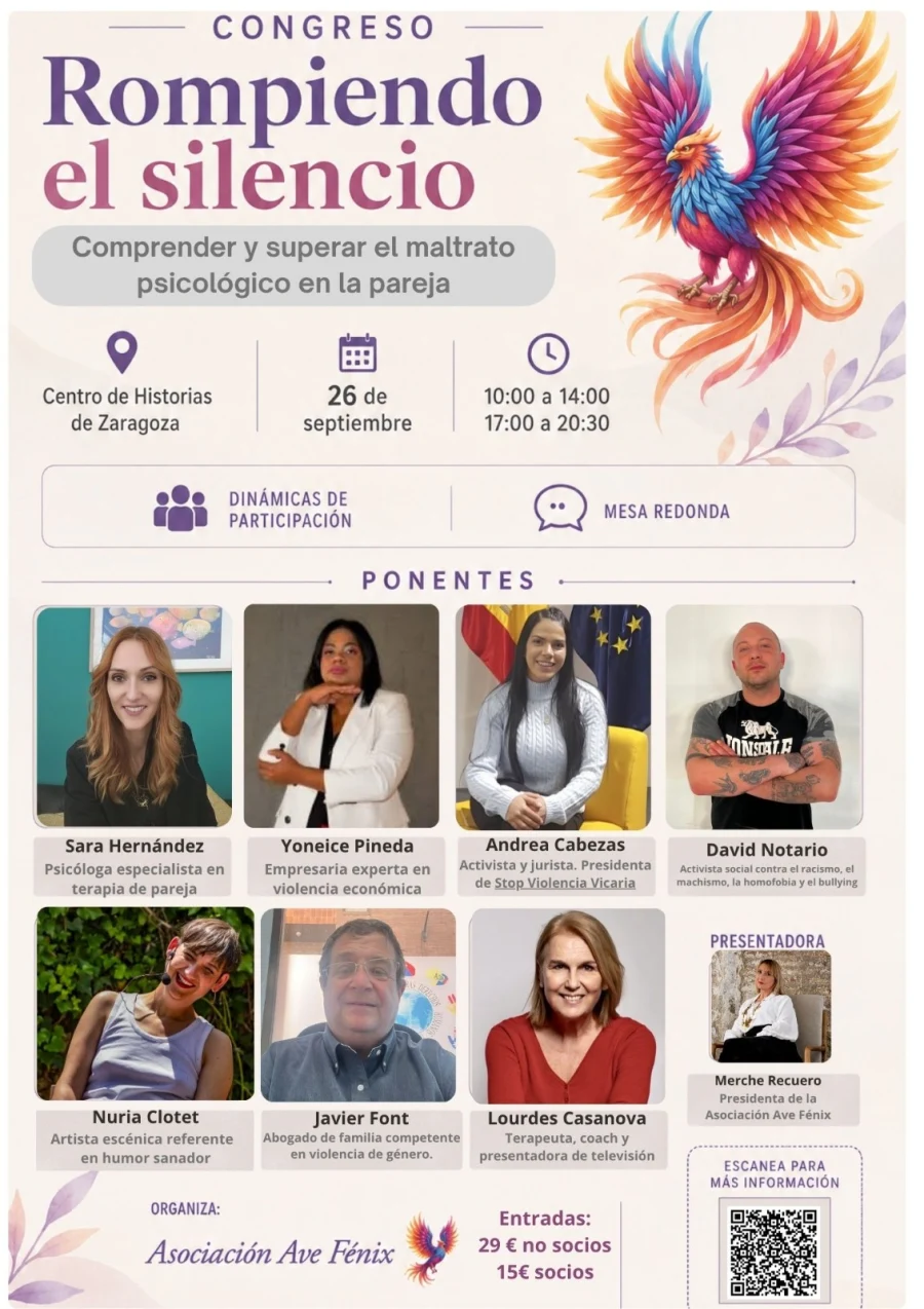 Cartel del congreso «Rompiendo el silencio: comprender y superar el maltrato psicológico en la pareja», en el Centro de Historias de Zaragoza