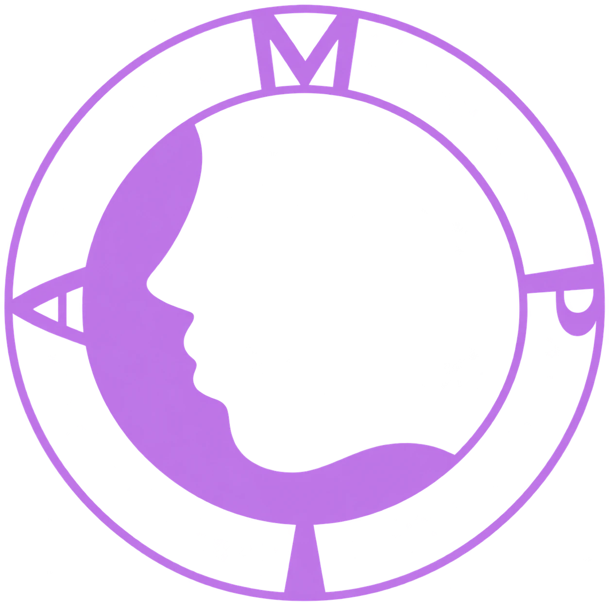 Emblema de la Asociación de Mujeres por la Integración Internacional (AMPI): un círculo morado con las iniciales M, P y A y la silueta de un perfil femenino en su interior