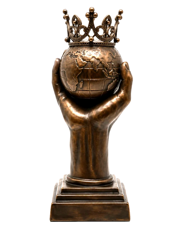 Trofeo del premio «Una Corona por la Vida»: dos manos de bronce sosteniendo un globo terráqueo coronado